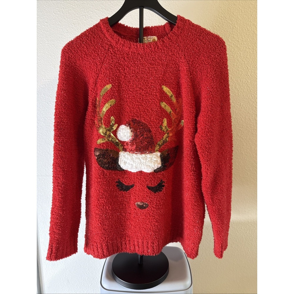 Poof NY Woman's Crew Neck Rudolph Christmas Sweater Red Size M